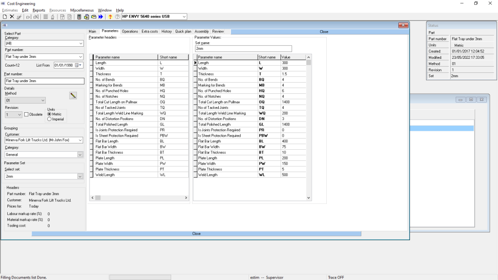 Parameters for Families of Parts